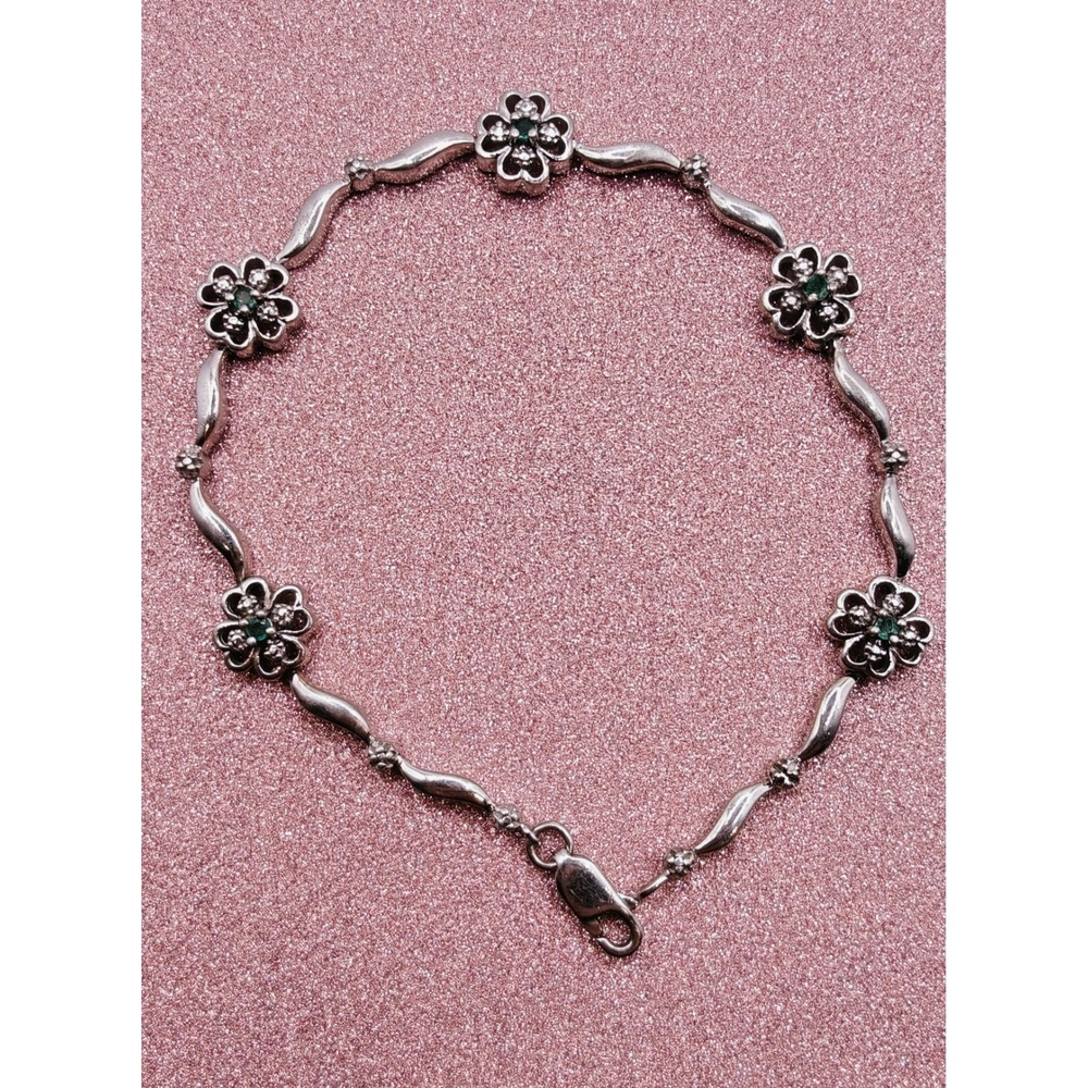 Lennox 925 SS Flower Charm Bracelet Emerald and Diamonds Lobster clasp